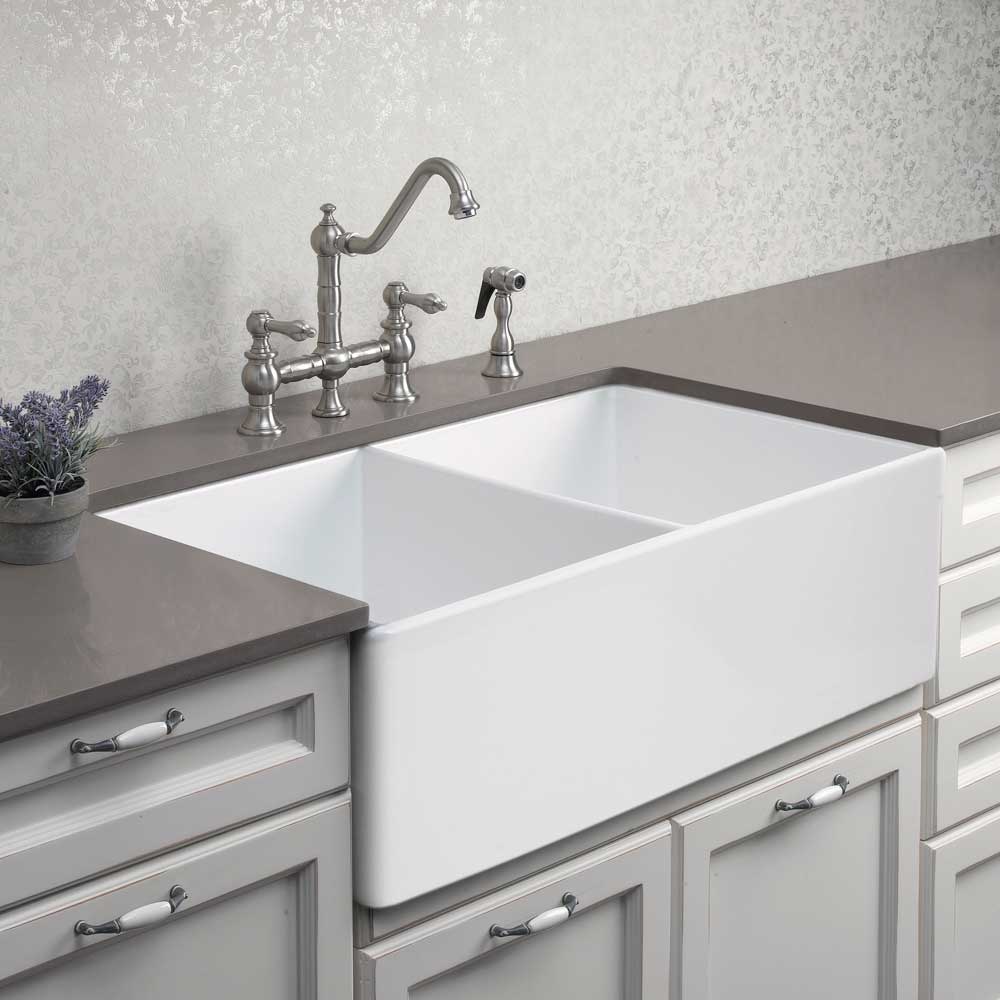 Houzer 33" Fireclay 50/50 Double Bowl Farmhouse Kitchen Sink, White, Platus Series, PTD-4400 WH - The Sink Boutique