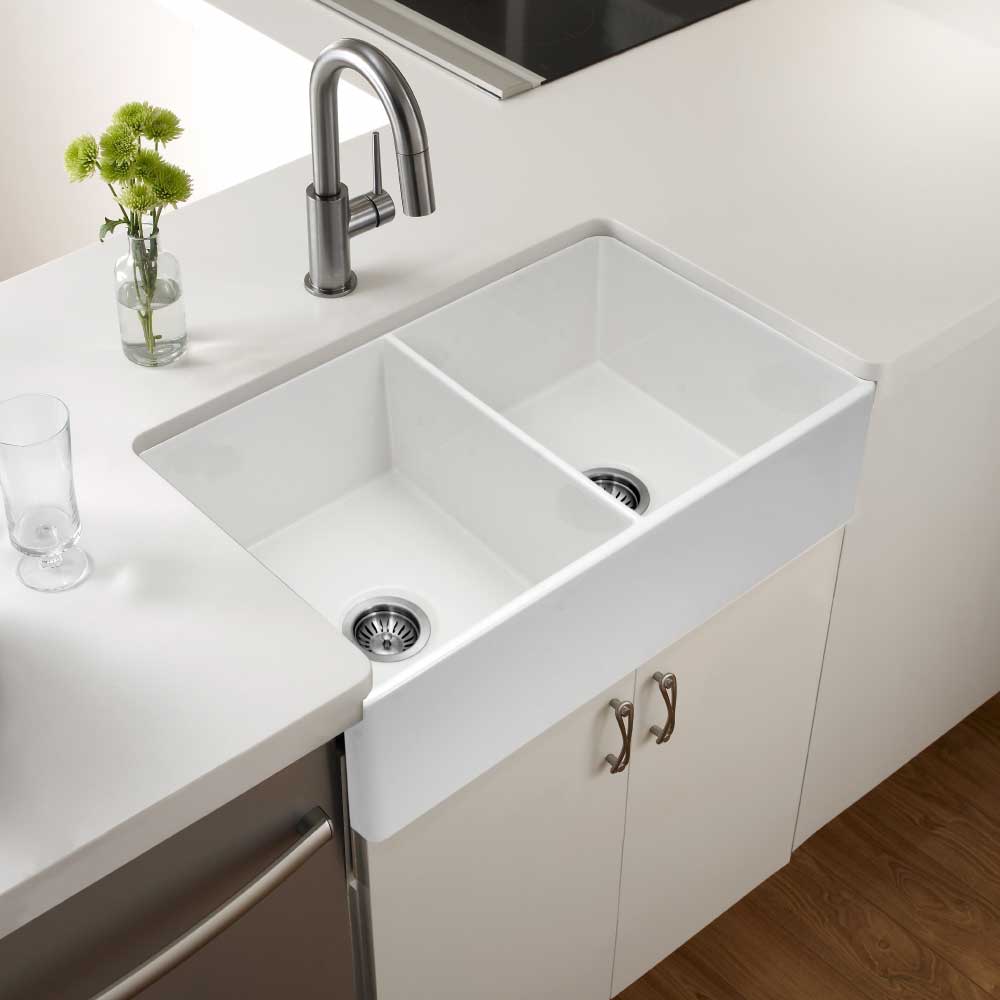 Houzer 33" Fireclay 50/50 Double Bowl Farmhouse Kitchen Sink, White, Platus Series, PTD-4400 WH - The Sink Boutique