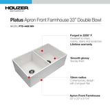 Houzer 33" Fireclay 50/50 Double Bowl Farmhouse Kitchen Sink, White, Platus Series, PTD-4400 WH - The Sink Boutique