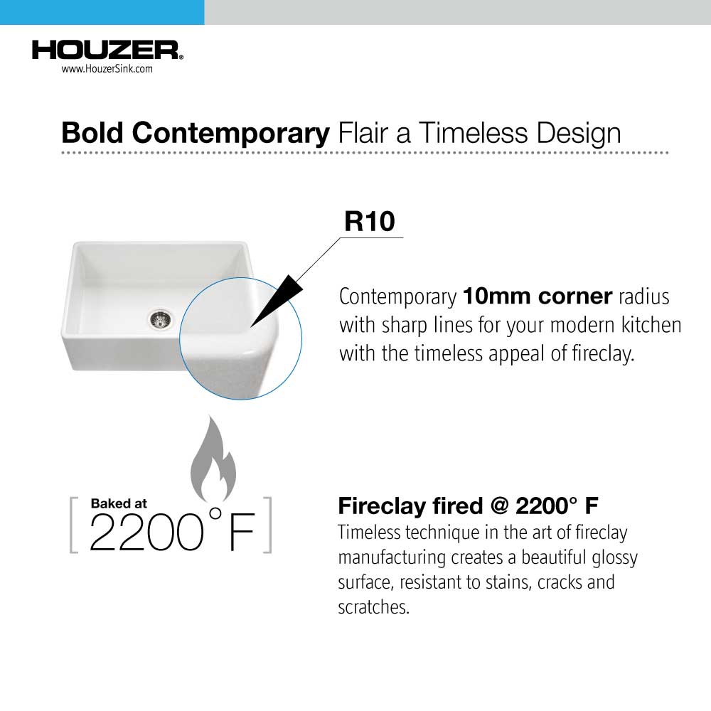 Houzer 33" Fireclay 50/50 Double Bowl Farmhouse Kitchen Sink, White, Platus Series, PTD-4400 WH - The Sink Boutique
