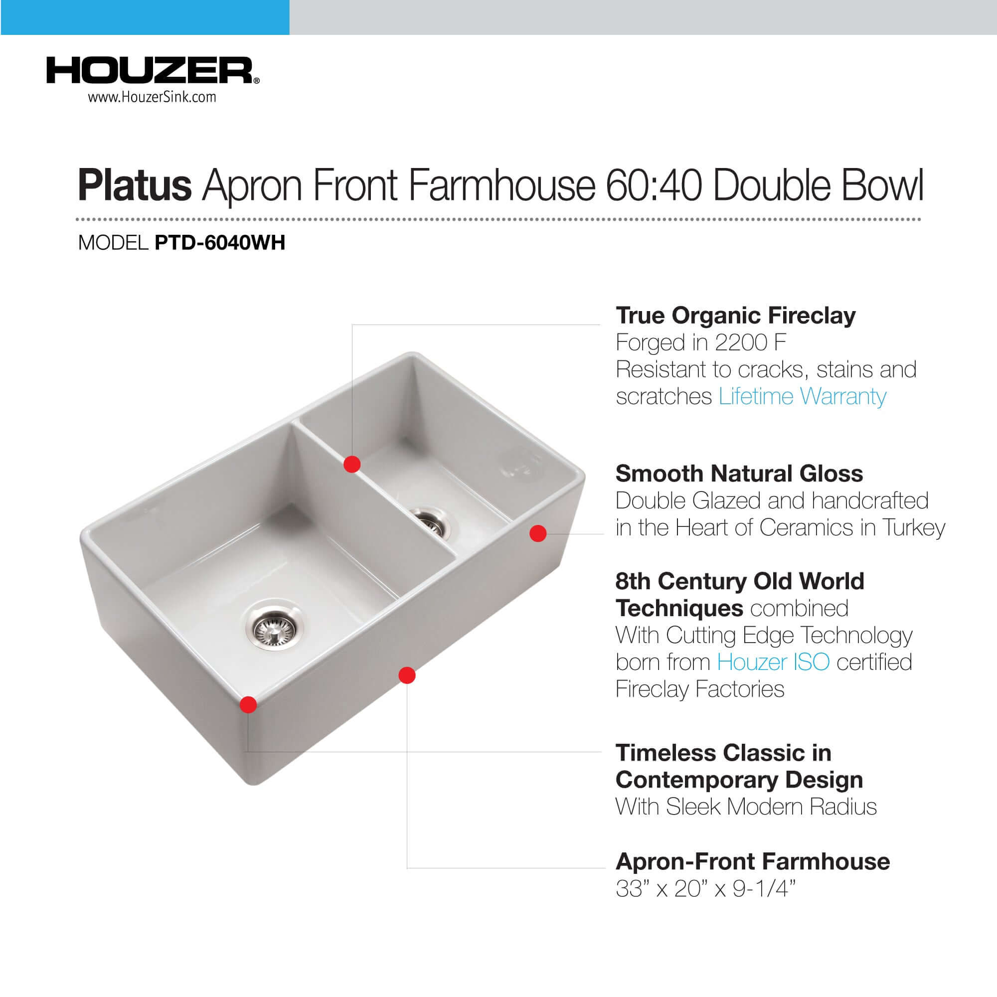 Houzer Platus 33" Fireclay Farmhouse Sink, 60/40 Double Bowl, White, PTD-6040 WH