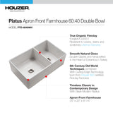 Houzer Platus 33" Fireclay Farmhouse Sink, 60/40 Double Bowl, White, PTD-6040 WH