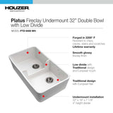 Houzer 32" Fireclay 50/50 Double Bowl Farmhouse Kitchen Sink, White, Platus Series, PTD-6400 WH - The Sink Boutique