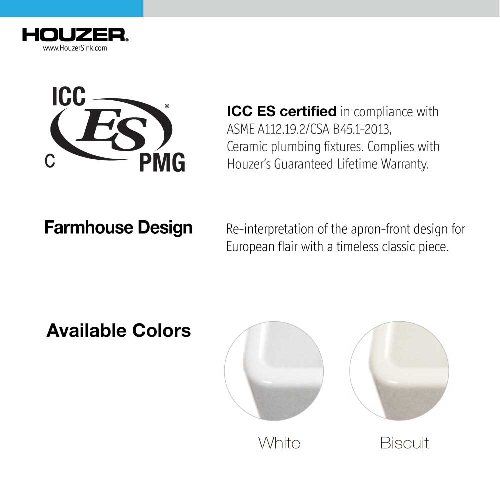 Houzer 36" Fireclay Single Bowl Farmhouse Kitchen Sink, Biscuit, Platus Series, PTG-3600 BQ - The Sink Boutique
