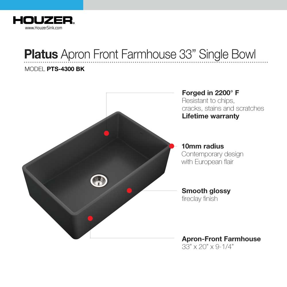 Houzer 33" Fireclay Single Bowl Farmhouse Kitchen Sink, Black, Platus Series, PTG-4300 BL - The Sink Boutique
