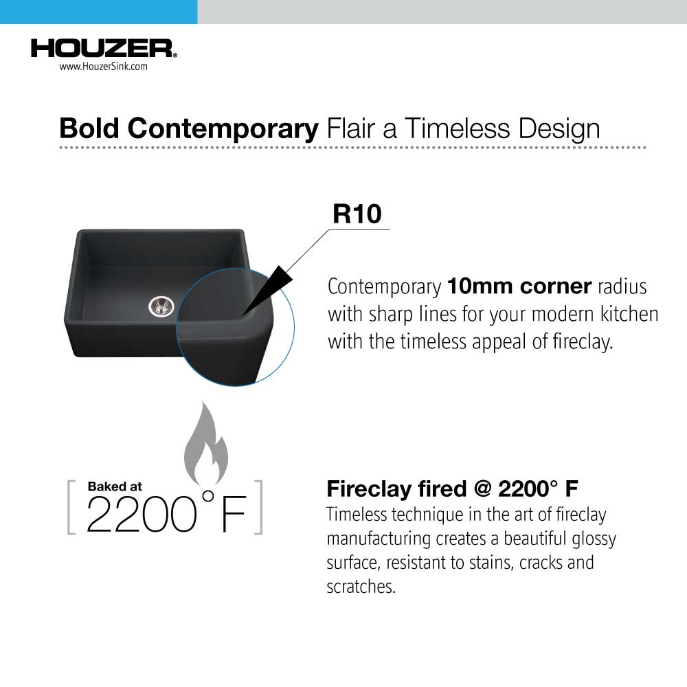 Houzer 33" Fireclay Single Bowl Farmhouse Kitchen Sink, Black, Platus Series, PTG-4300 BL - The Sink Boutique
