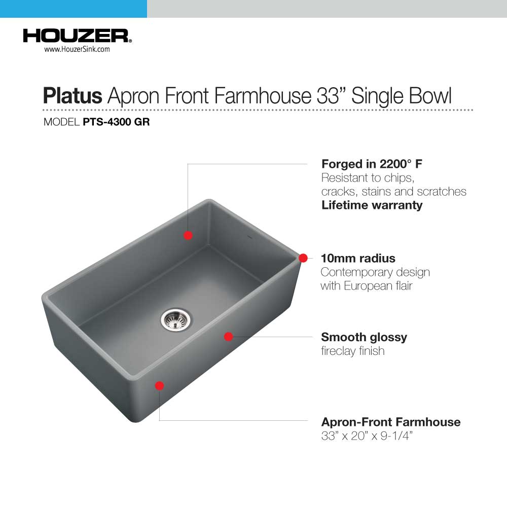 Houzer 33" Fireclay Single Bowl Farmhouse Kitchen Sink, Grey, Platus Series, PTG-4300 GR - The Sink Boutique