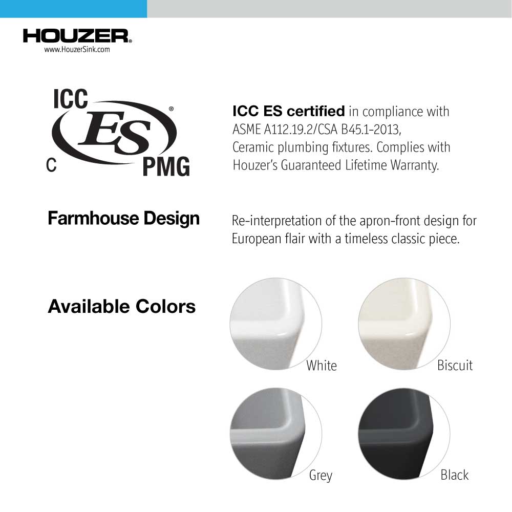 Houzer 33" Fireclay Single Bowl Farmhouse Kitchen Sink, Grey, Platus Series, PTG-4300 GR - The Sink Boutique