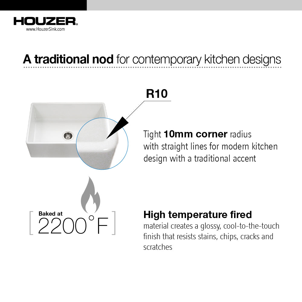 Houzer 33" Fireclay Farmhouse Apron Front Single Bowl Kitchen Sink, Biscuit, PTG-4300 BQ - The Sink Boutique