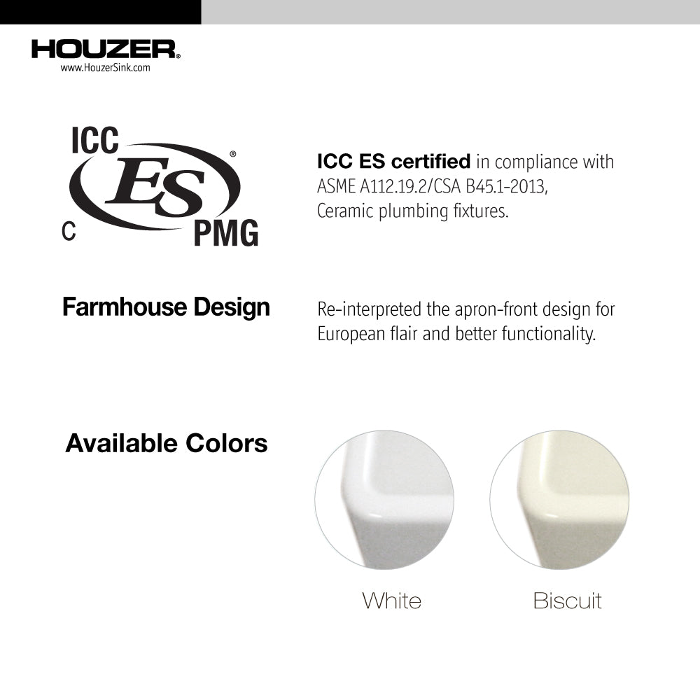 Houzer 33" Fireclay Farmhouse Apron Front Single Bowl Kitchen Sink, Biscuit, PTG-4300 BQ - The Sink Boutique