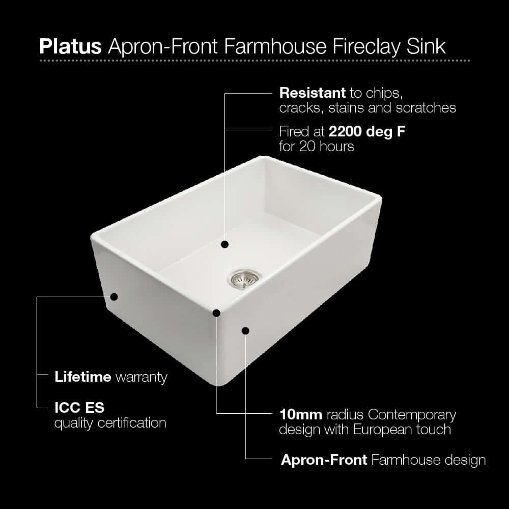 Houzer 33" Fireclay Farmhouse Apron Front Single Bowl Kitchen Sink, White, PTG-4300 WH - Features | The Sink Boutique