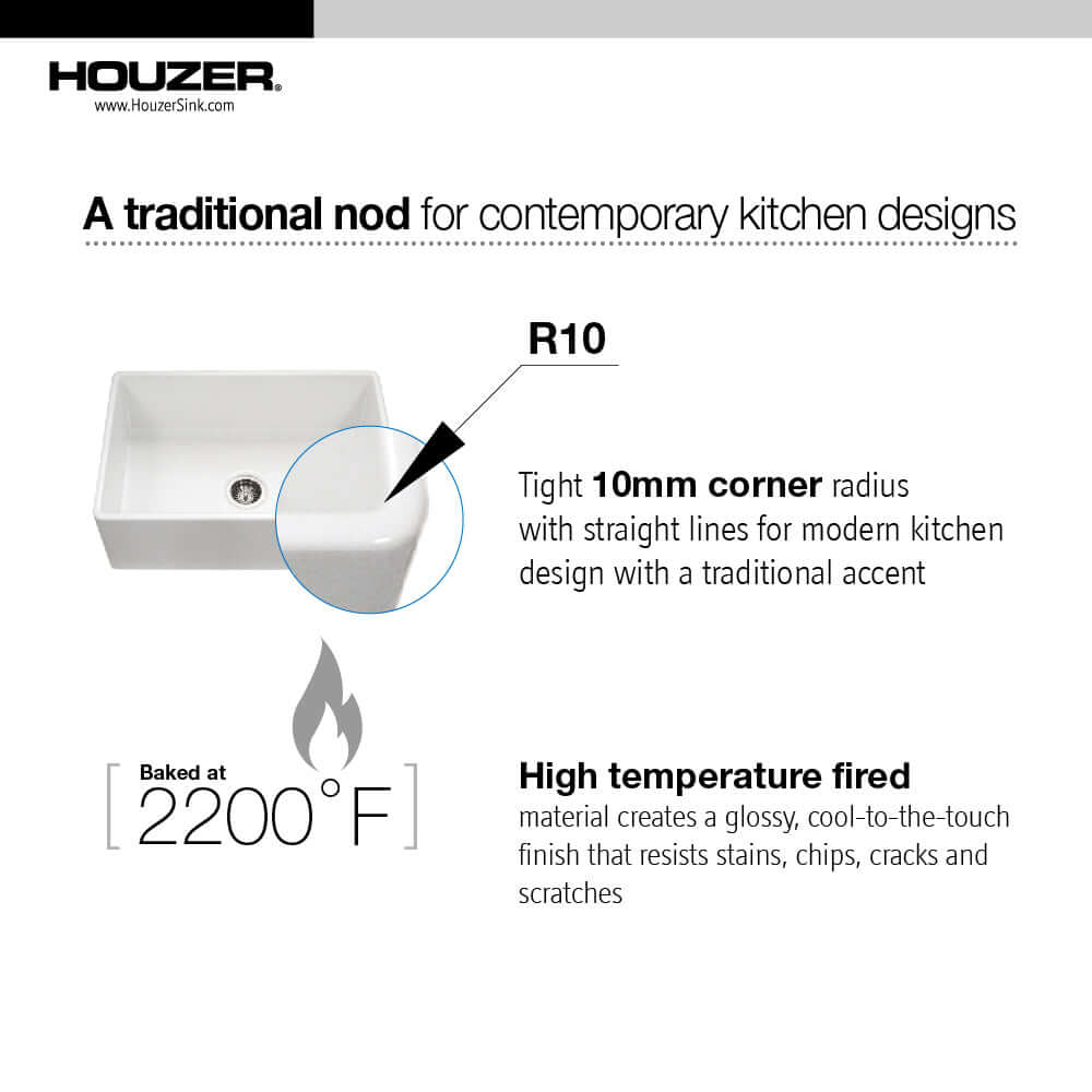 Houzer 33" Fireclay Farmhouse Apron Front Single Bowl Kitchen Sink, White, PTG-4300 WH - Features 2 | The Sink Boutique