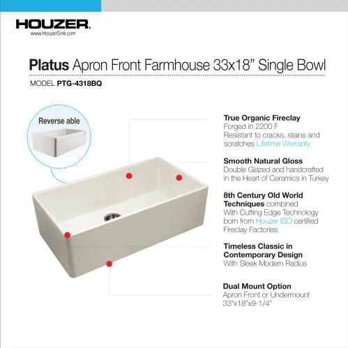 Houzer Platus 33" Fireclay Farmhouse Sink, Biscuit, PTG-4318 BQ