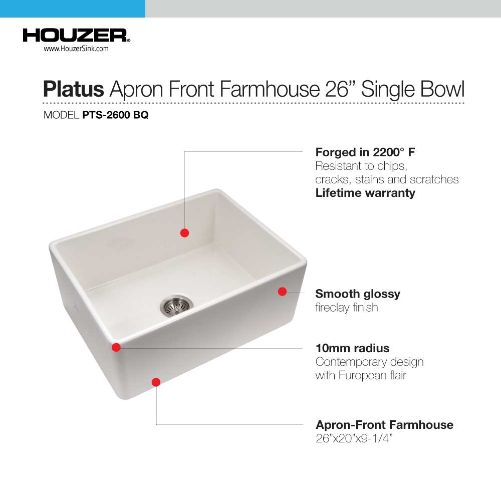 Houzer 26" Fireclay Single Bowl Farmhouse Kitchen Sink, Biscuit, Platus Series, PTS-2600 BQ - The Sink Boutique