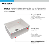 Houzer 26" Fireclay Single Bowl Farmhouse Kitchen Sink, White, Platus Series, PTS-2600 WH - The Sink Boutique