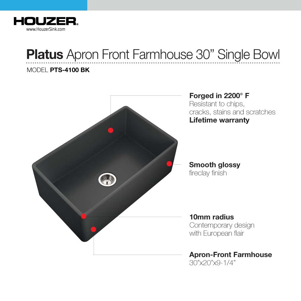 Houzer 30" Fireclay Single Bowl Farmhouse Kitchen Sink, Black, Platus Series, PTS-4100 BL - The Sink Boutique