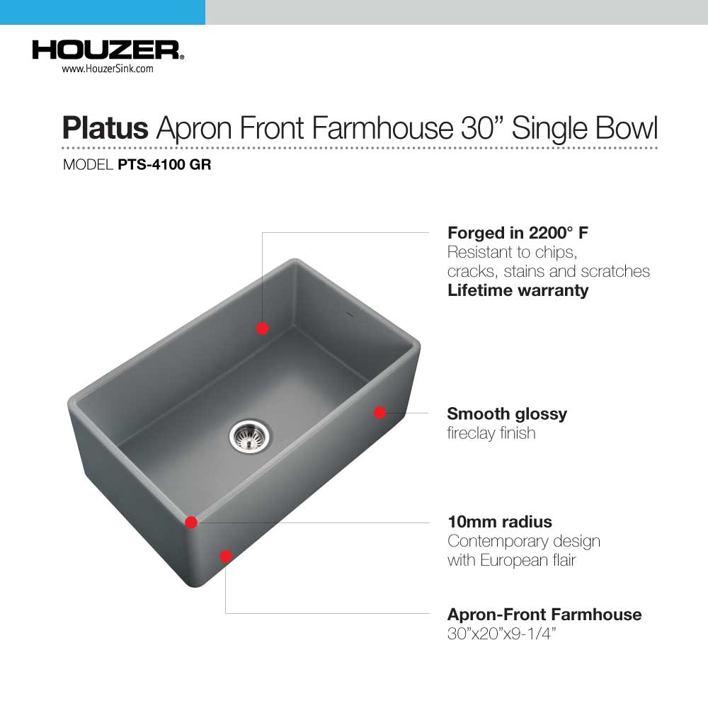 Houzer 30" Fireclay Single Bowl Farmhouse Kitchen Sink, Grey, Platus Series, PTS-4100 GR - The Sink Boutique