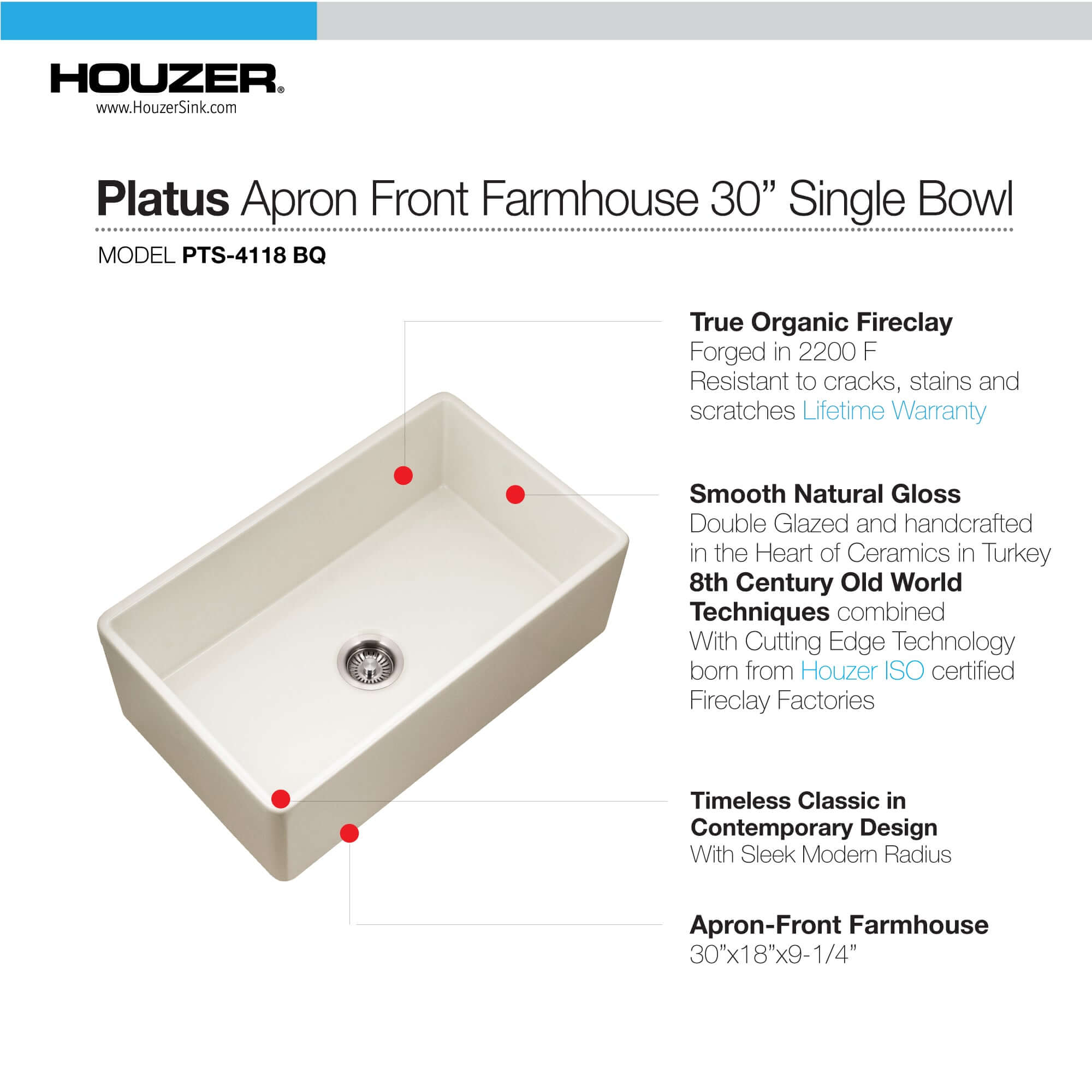 Houzer Platus 30" Fireclay Farmhouse Sink, Biscuit, PTS-4118 BQ
