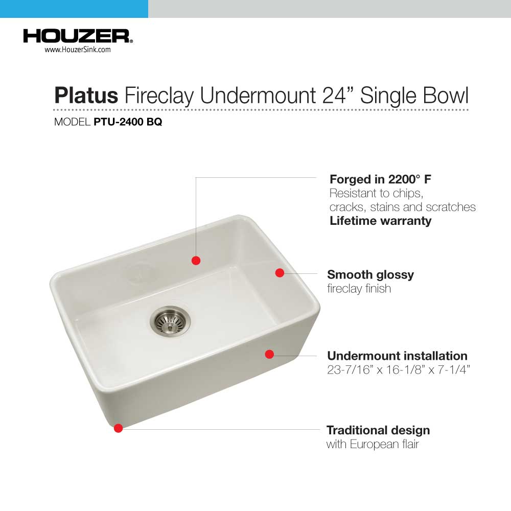 Houzer 23" Fireclay Undermount Single Bowl Kitchen Sink, Biscuit, Platus Series, PTU-2400 BQ - The Sink Boutique
