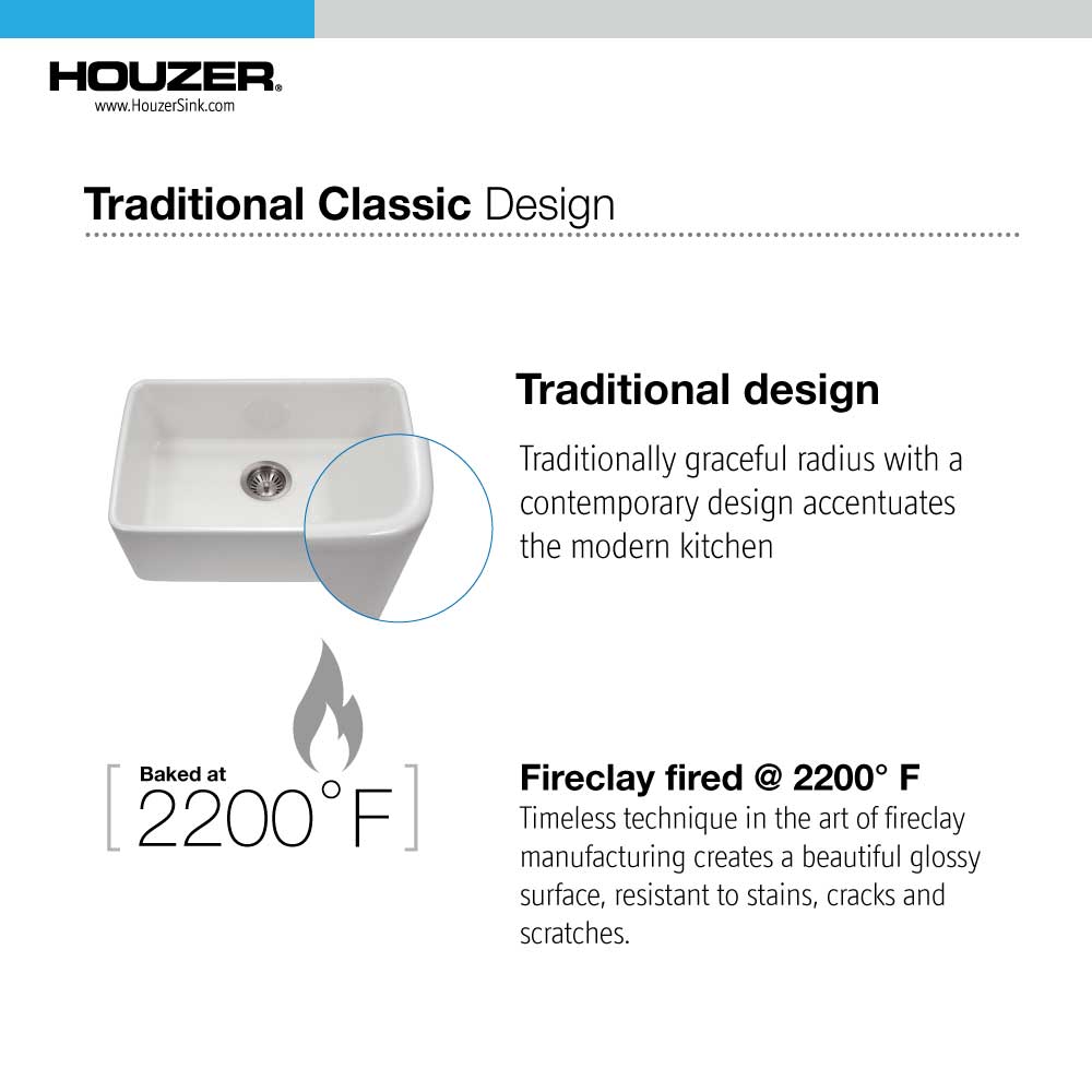 Houzer 23" Fireclay Undermount Single Bowl Kitchen Sink, Biscuit, Platus Series, PTU-2400 BQ - The Sink Boutique