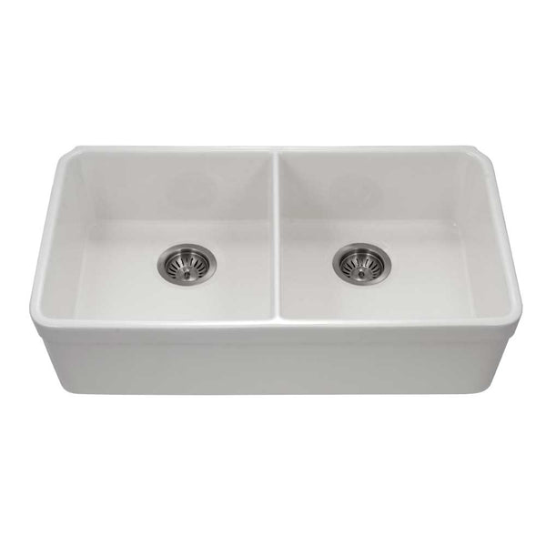 Houzer 32" Fireclay 50/50 Double Bowl Farmhouse Kitchen Sink, White, Platus Series, PTU-3200 WH