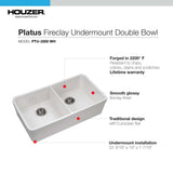 Houzer 32" Fireclay 50/50 Double Bowl Farmhouse Kitchen Sink, White, Platus Series, PTU-3200 WH - The Sink Boutique