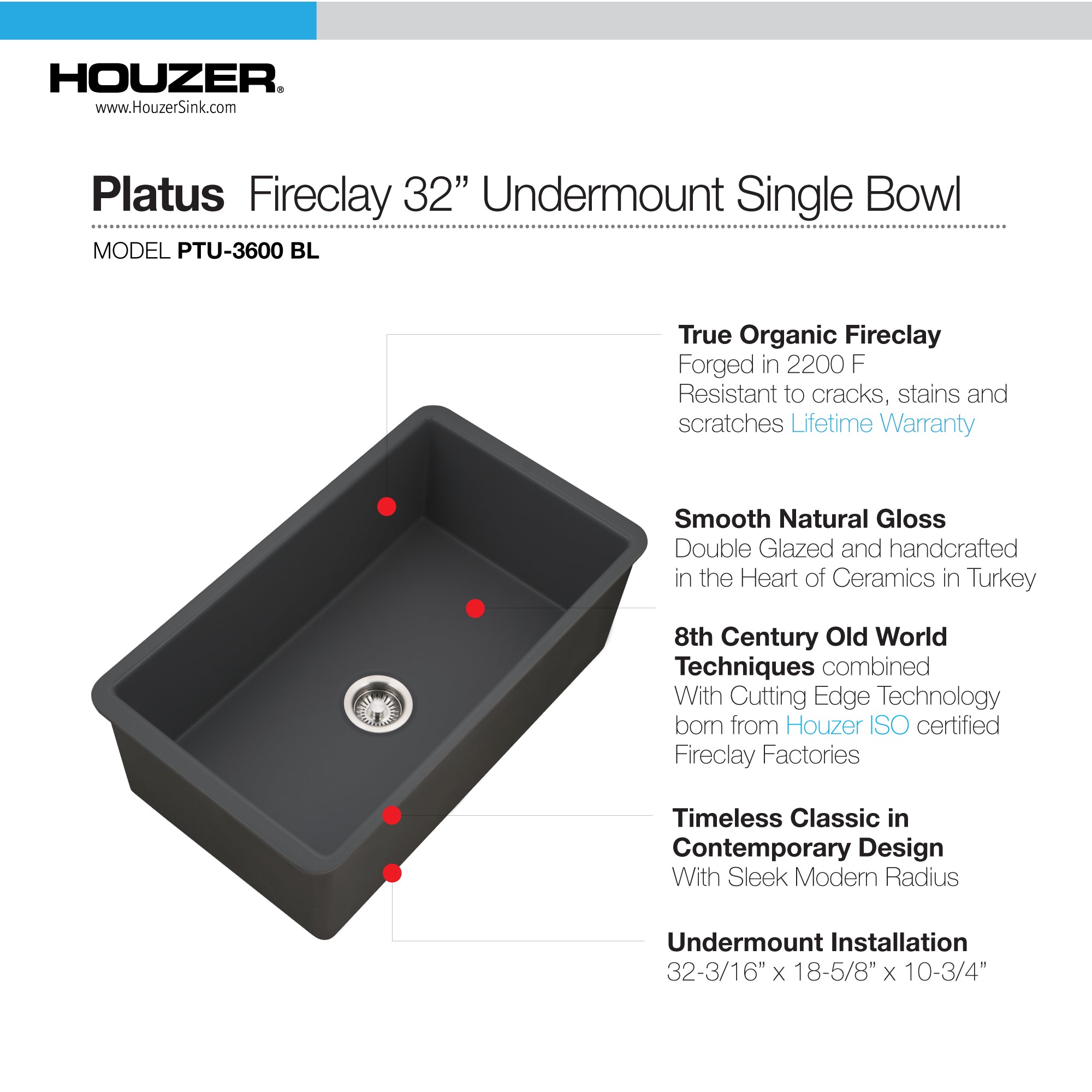 Houzer Platus 18" Undermount Fireclay Kitchen Sink, Black, PTU-3600 BL