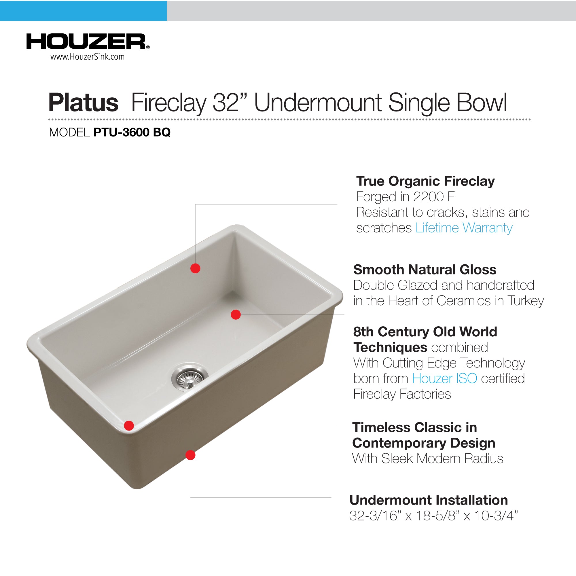 Houzer Platus 18" Undermount Fireclay Kitchen Sink, Biscuit, PTU-3600 BQ