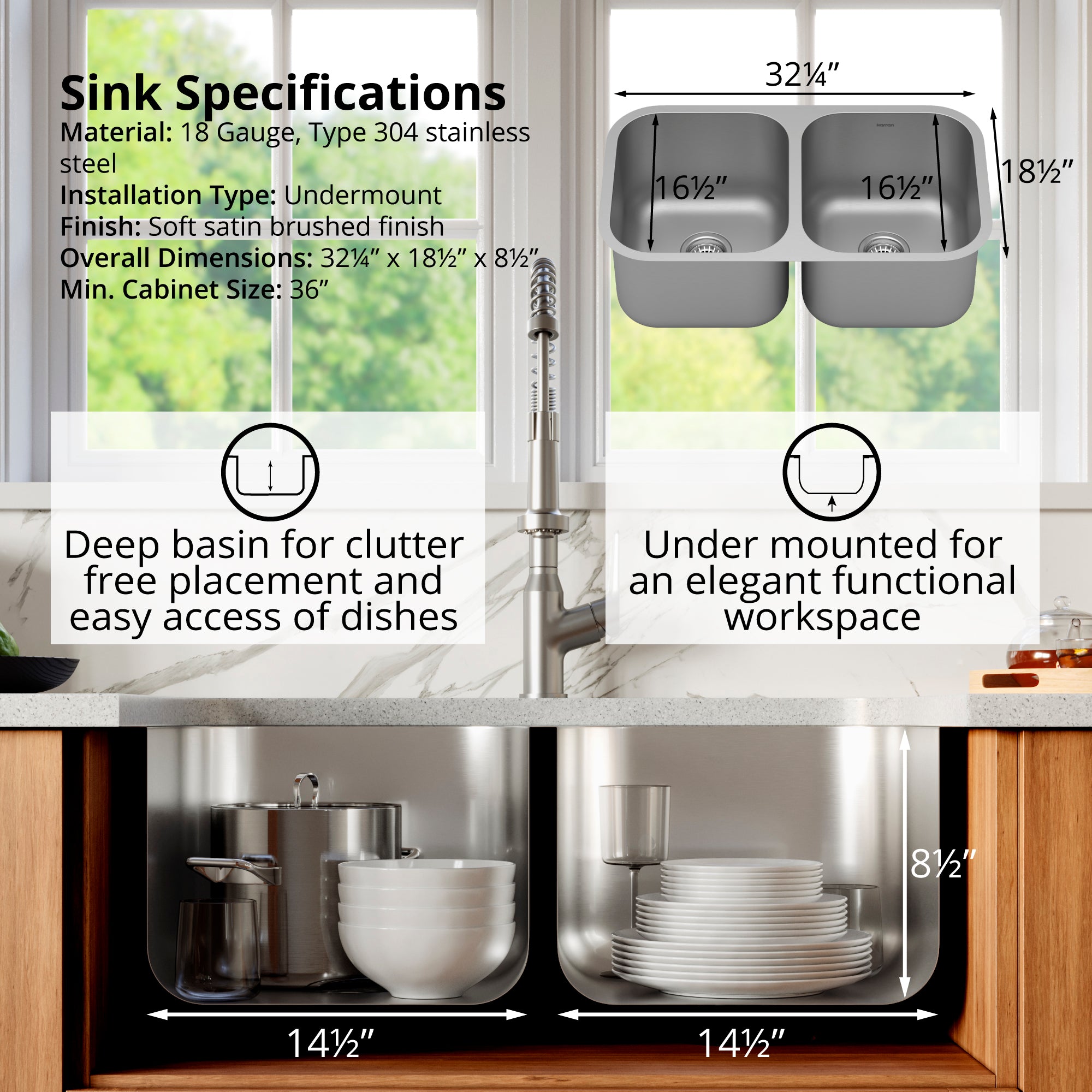 Karran Profile 32" Undermount Stainless Steel Kitchen Sink with Accessories, 50/50 Double Bowl, 18 Gauge, PU21-PK1