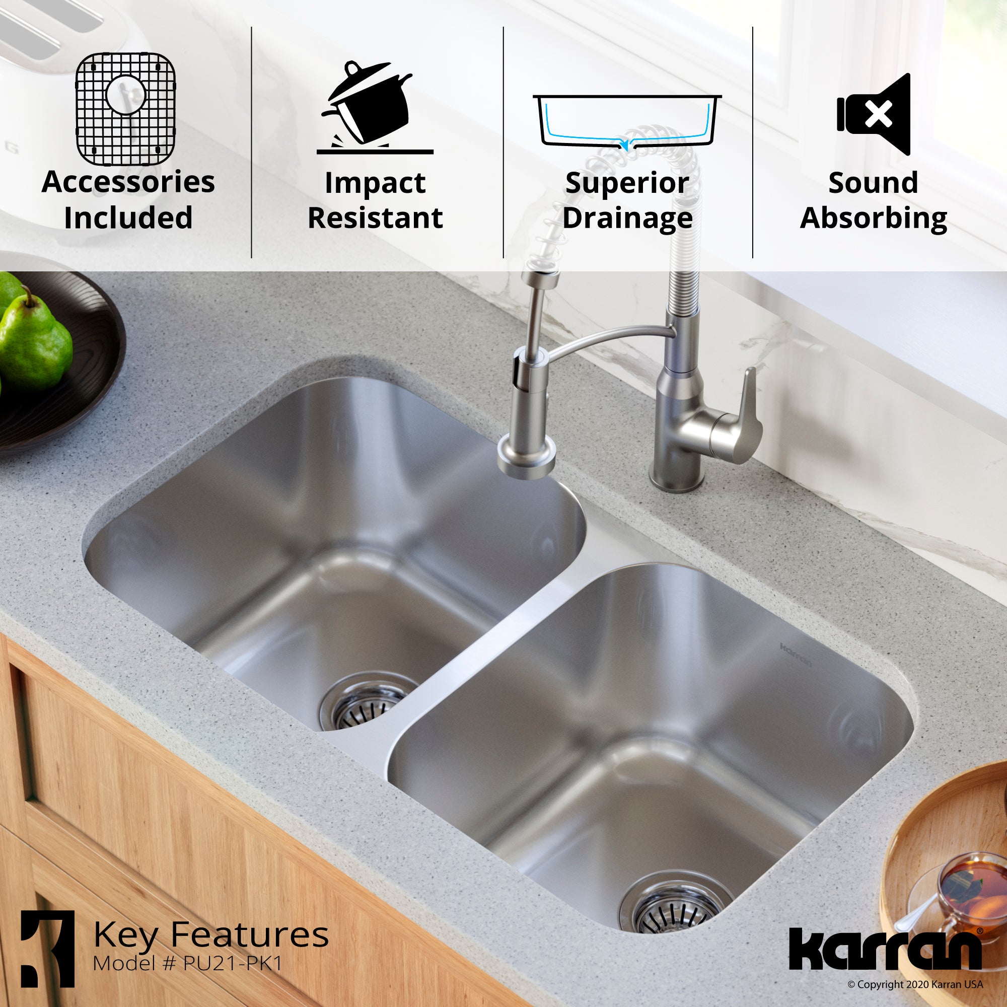 Karran Profile 32" Undermount Stainless Steel Kitchen Sink with Accessories, 50/50 Double Bowl, 18 Gauge, PU21-PK1