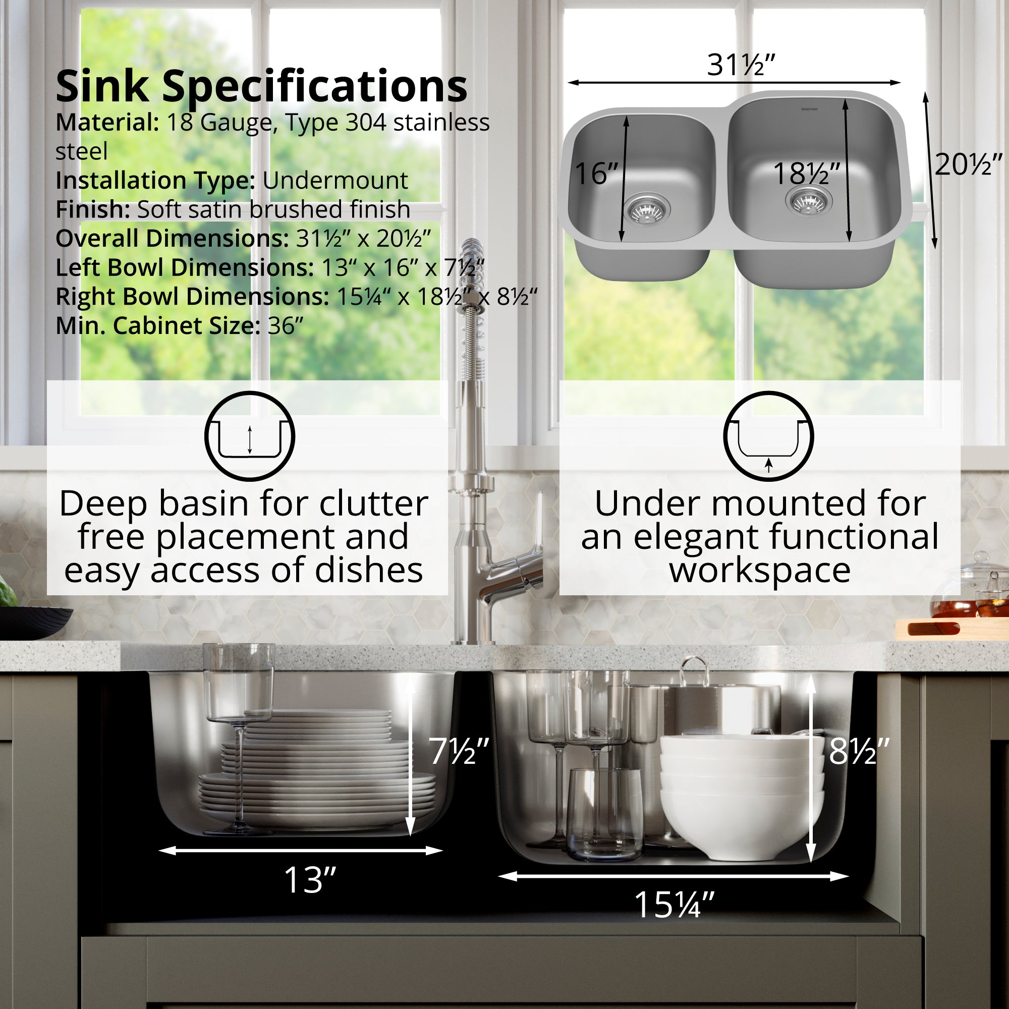 Karran Profile 32" Undermount Stainless Steel Kitchen Sink with Accessories, 40/60 Double Bowl, 18 Gauge, PU23L-PK1