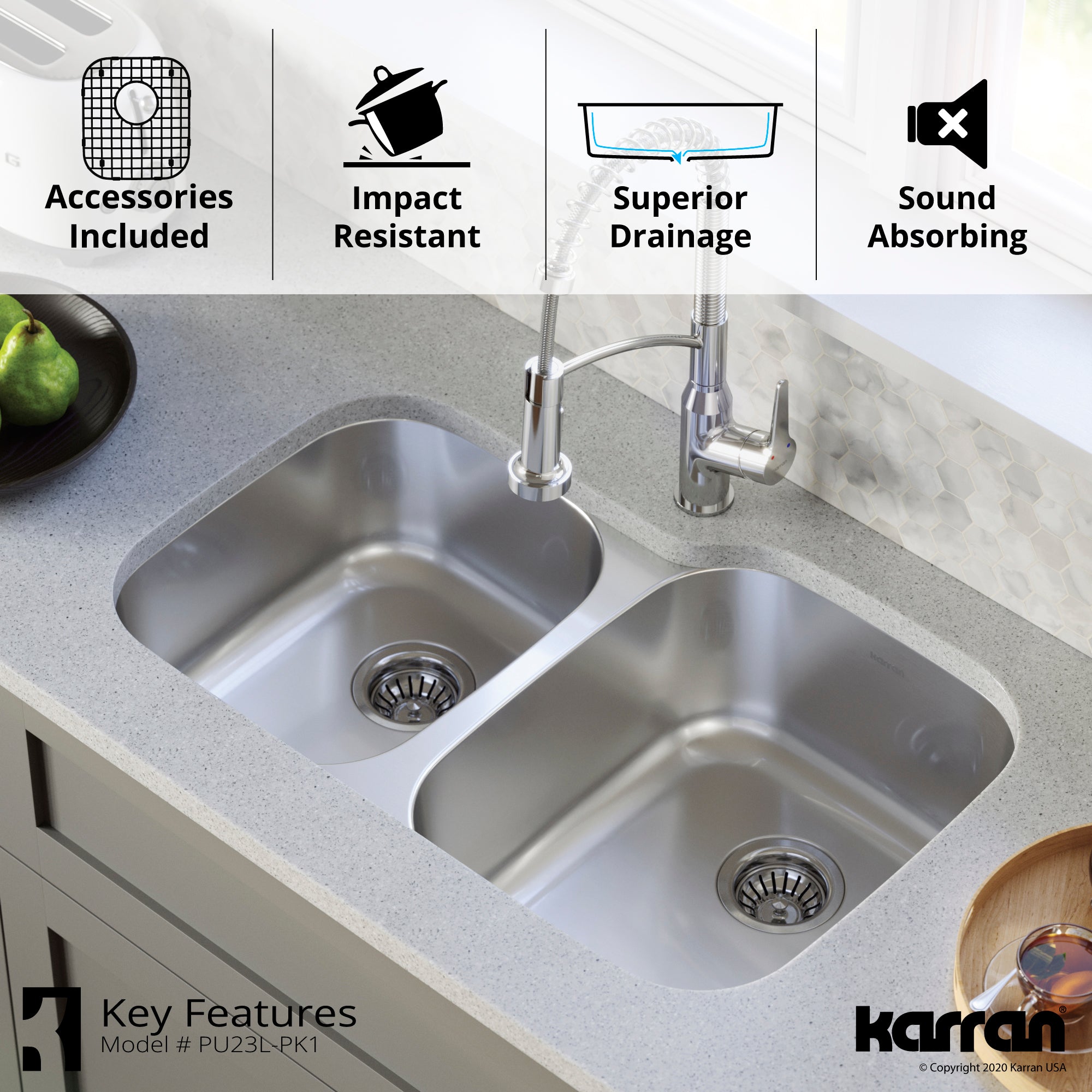 Karran Profile 32" Undermount Stainless Steel Kitchen Sink with Accessories, 40/60 Double Bowl, 18 Gauge, PU23L-PK1
