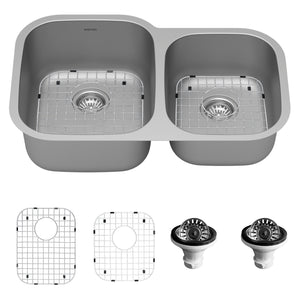 Alternate Image for Karran Profile 32" Undermount Stainless Steel Kitchen Sink with Accessories, 60/40 Double Bowl, 18 Gauge, PU23R-PK1
