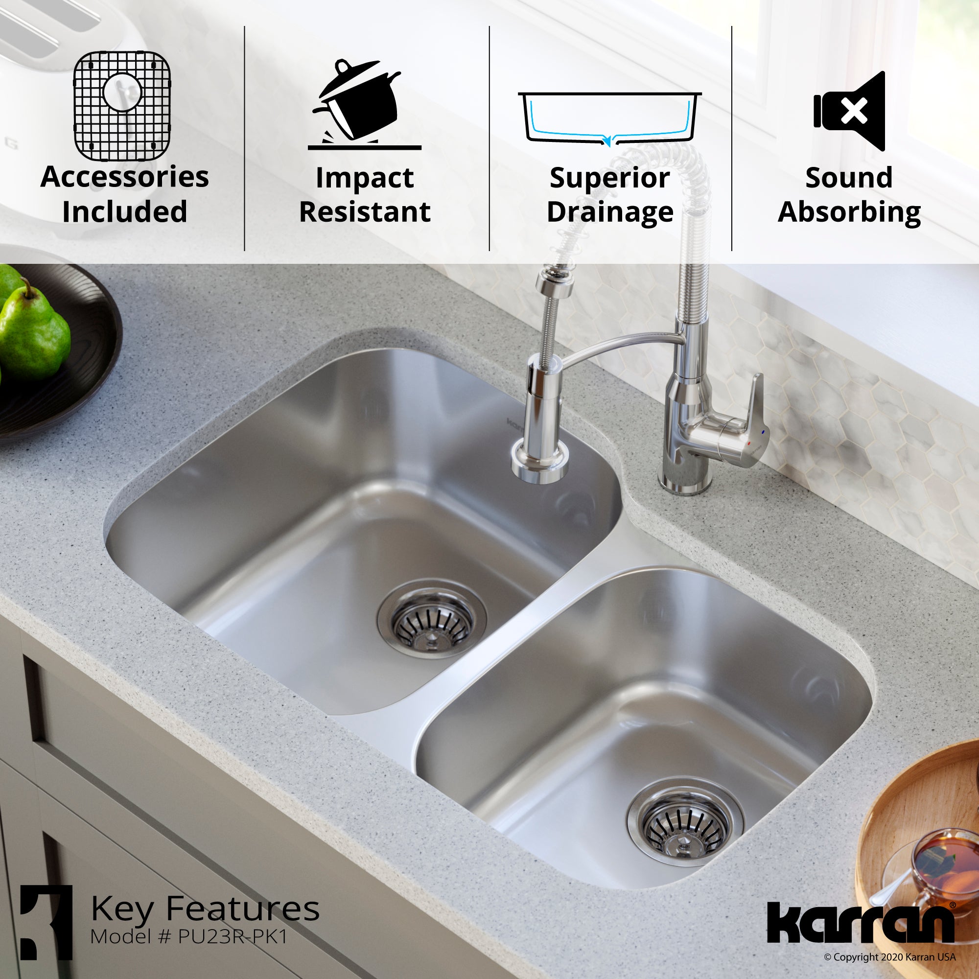 Karran Profile 32" Undermount Stainless Steel Kitchen Sink with Accessories, 60/40 Double Bowl, 18 Gauge, PU23R-PK1