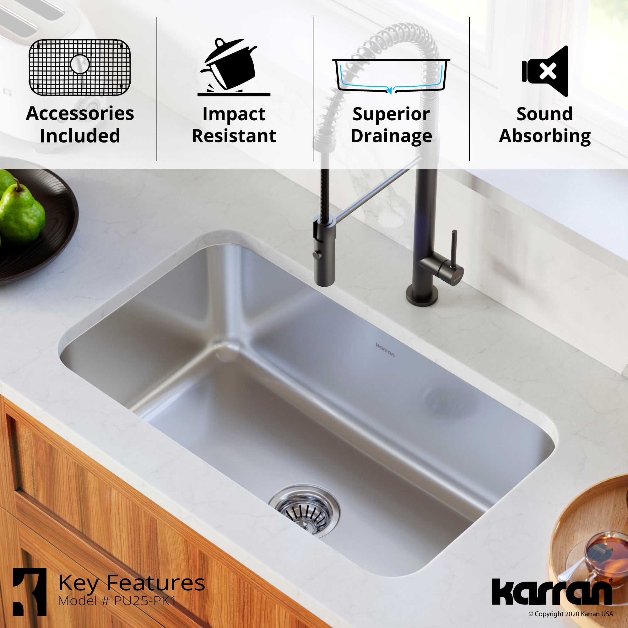 Karran Profile 30" Undermount Stainless Steel Kitchen Sink with Accessories, 18 Gauge, PU25-PK1