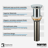 Karran Lead-free Brass Pop-Up Vanity Bowl Drain, Stainless Steel, PU25SS