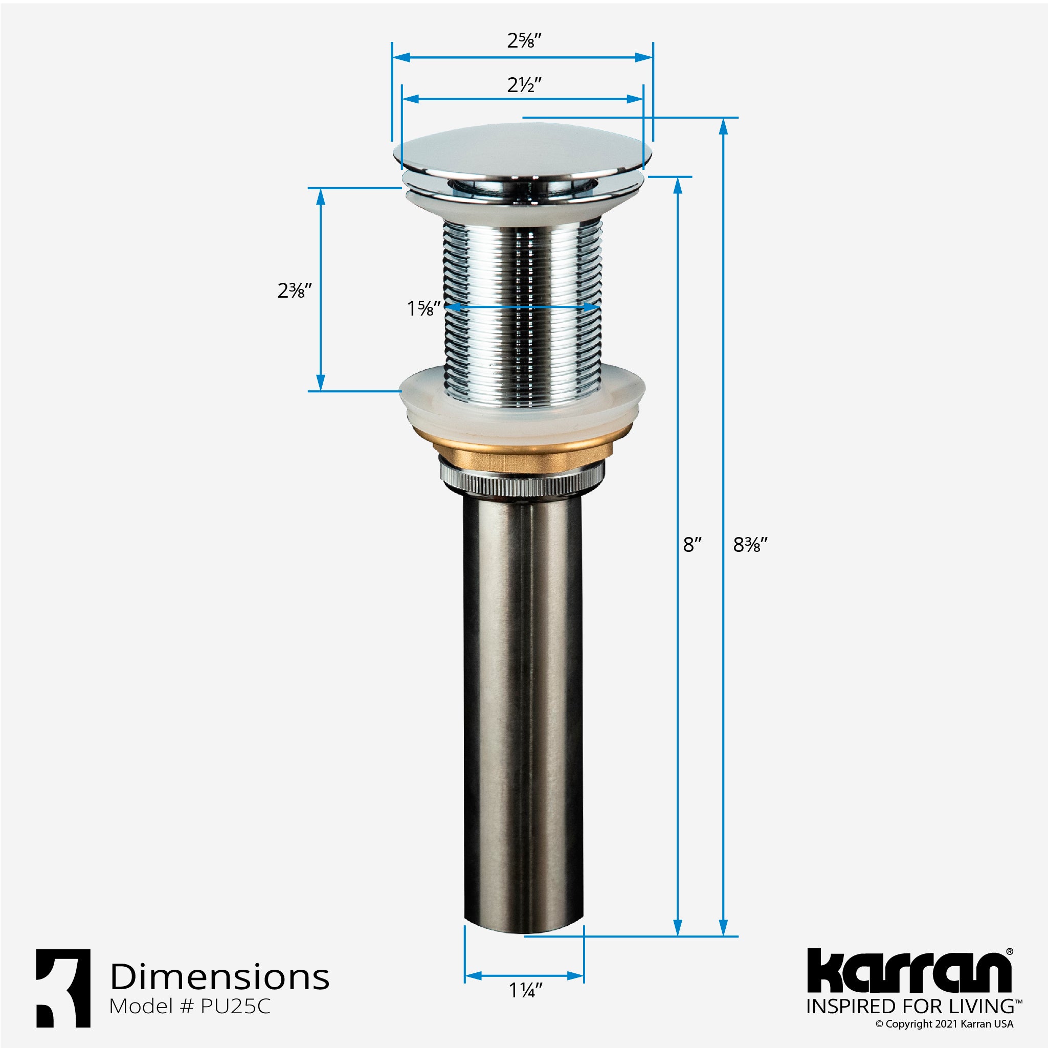 Karran Lead-free Brass Pop-Up Vanity Bowl Drain, Stainless Steel, PU25SS
