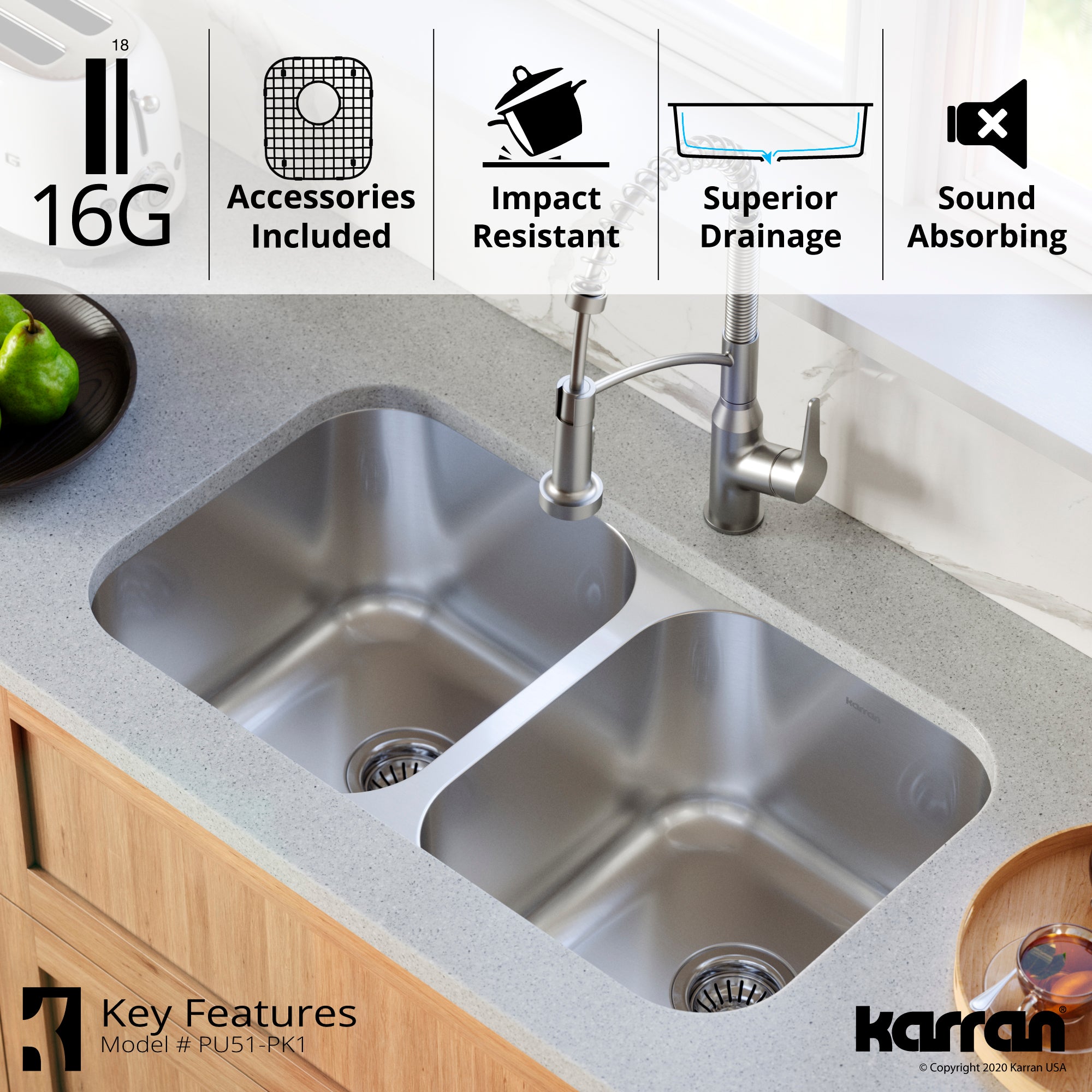 Karran Profile 32" Undermount Stainless Steel Kitchen Sink with Accessories, 50/50 Double Bowl, 16 Gauge, PU51-PK1
