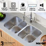 Karran Profile 32" Undermount Stainless Steel Kitchen Sink with Accessories, 50/50 Double Bowl, 16 Gauge, PU51-PK1