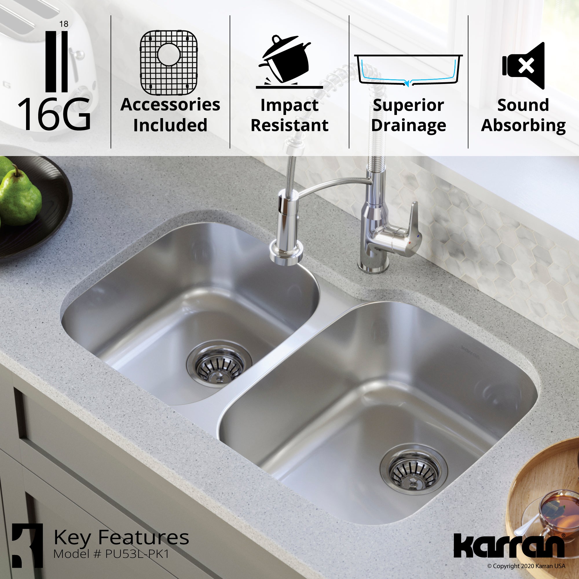 Karran Profile 32" Undermount Stainless Steel Kitchen Sink with Accessories, 40/60 Double Bowl, 16 Gauge, PU53L-PK1