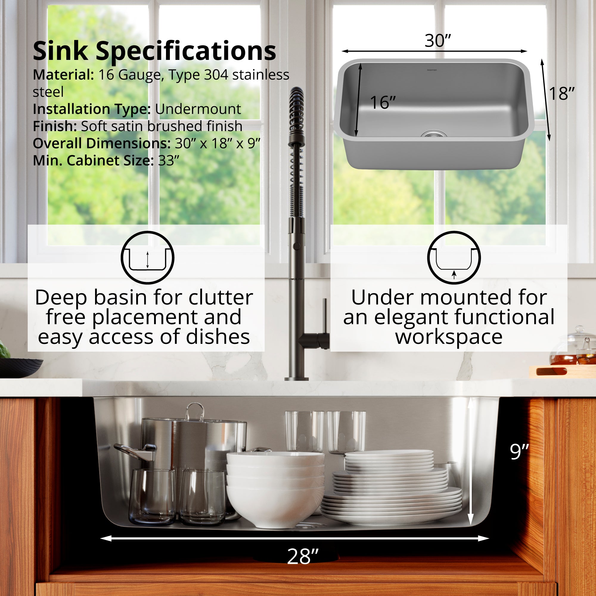 Karran Profile 30" Undermount Stainless Steel Kitchen Sink with Accessories, 16 Gauge, PU55-PK1