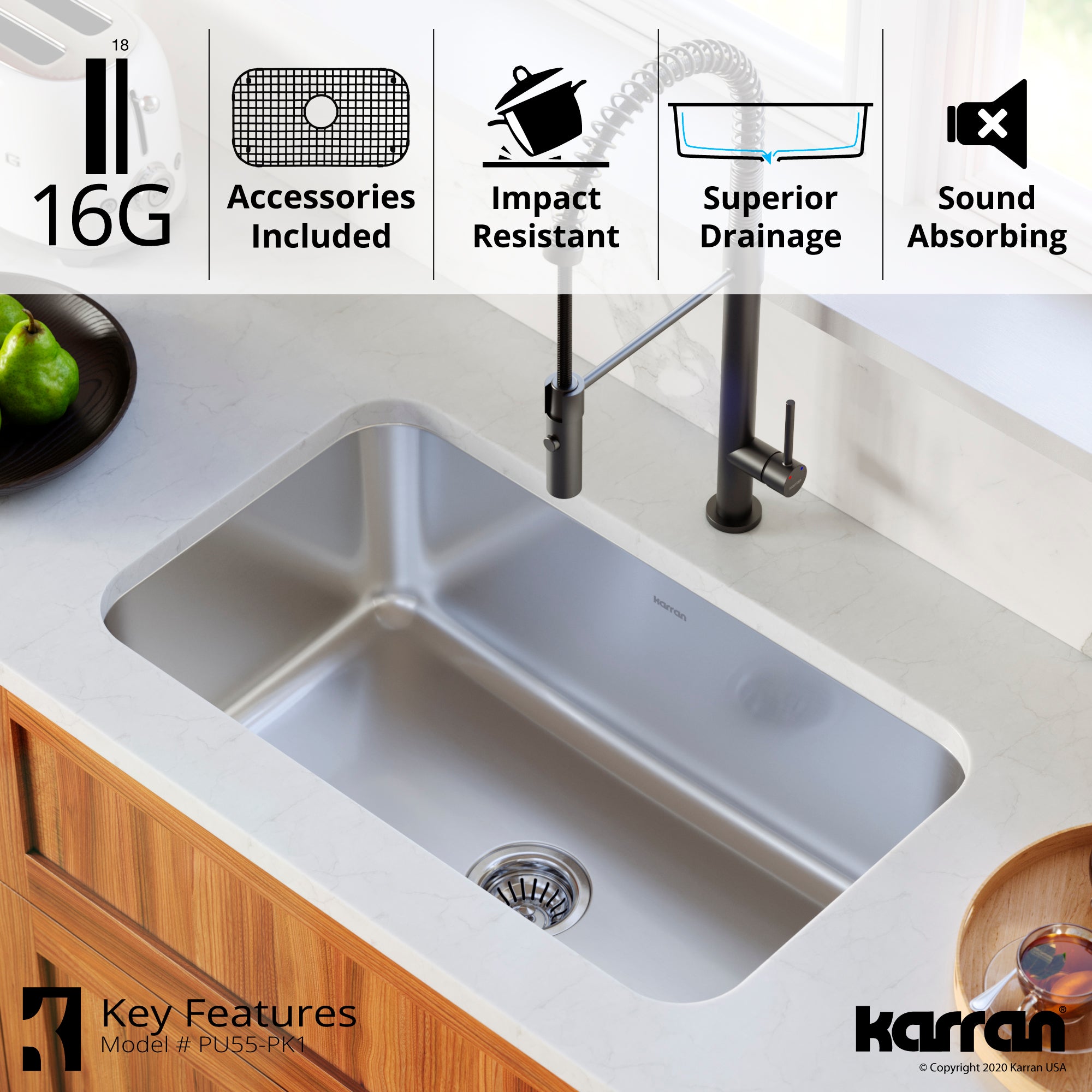 Karran Profile 30" Undermount Stainless Steel Kitchen Sink with Accessories, 16 Gauge, PU55-PK1