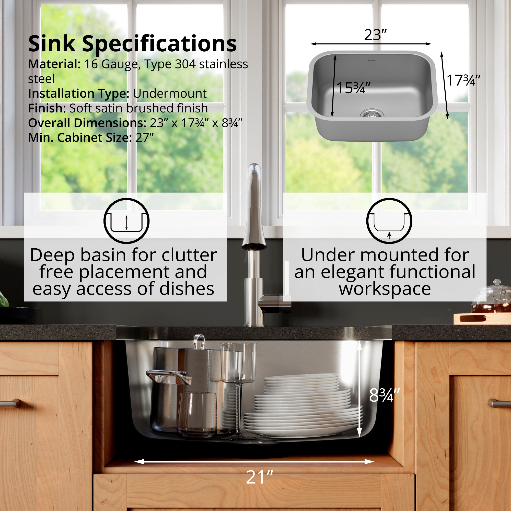 Karran Profile 23" Undermount Stainless Steel Kitchen Sink with Accessories, 16 Gauge, PU57-PK1