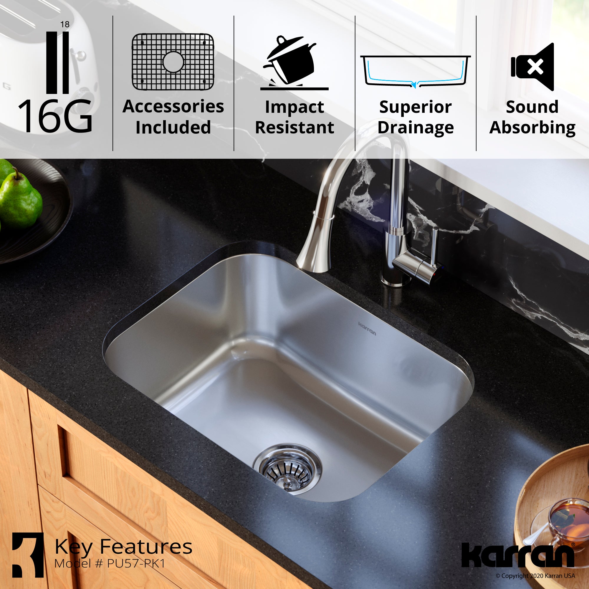 Karran Profile 23" Undermount Stainless Steel Kitchen Sink with Accessories, 16 Gauge, PU57-PK1