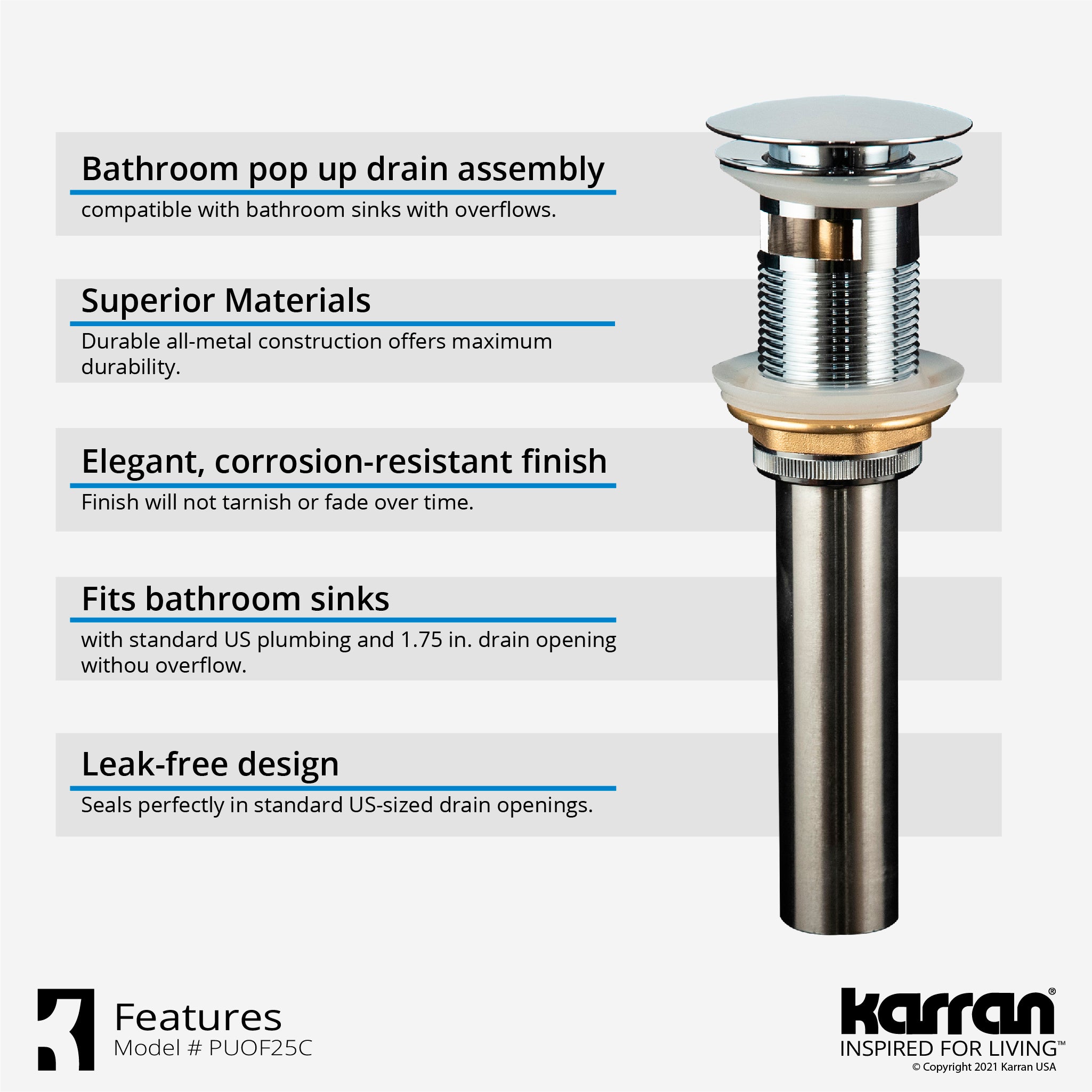 Karran Lead-free Brass Pop-Up Vanity Bowl Drain, Stainless Steel, PUOF25SS