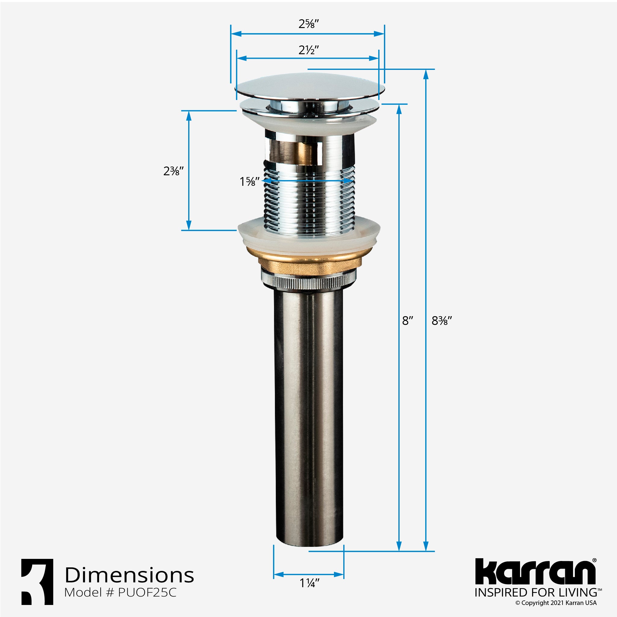 Karran Lead-free Brass Pop-Up Vanity Bowl Drain, Stainless Steel, PUOF25SS