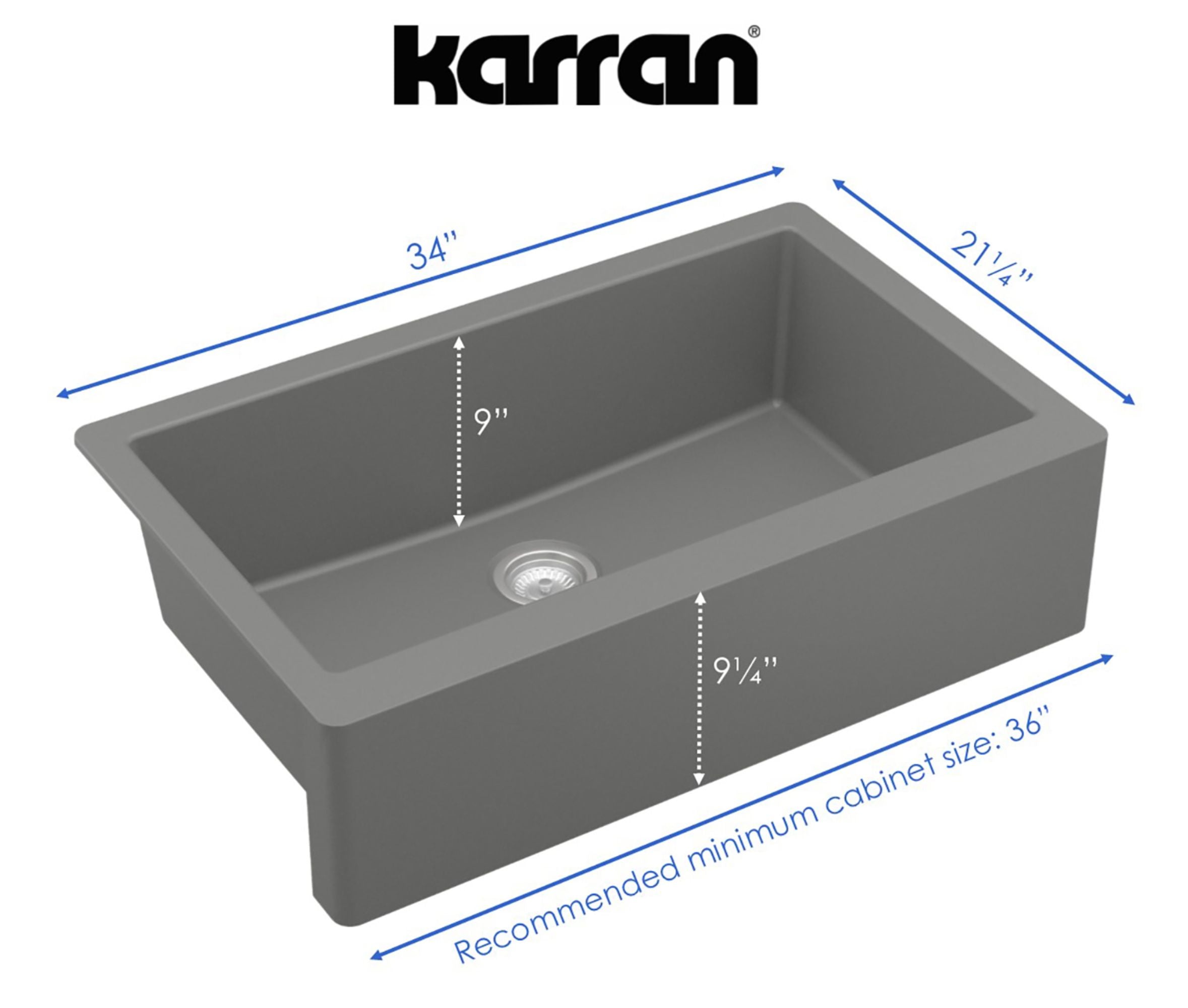 Karran 34" Quartz Composite Farmhouse Sink, Grey, QA-740-GR-PK1