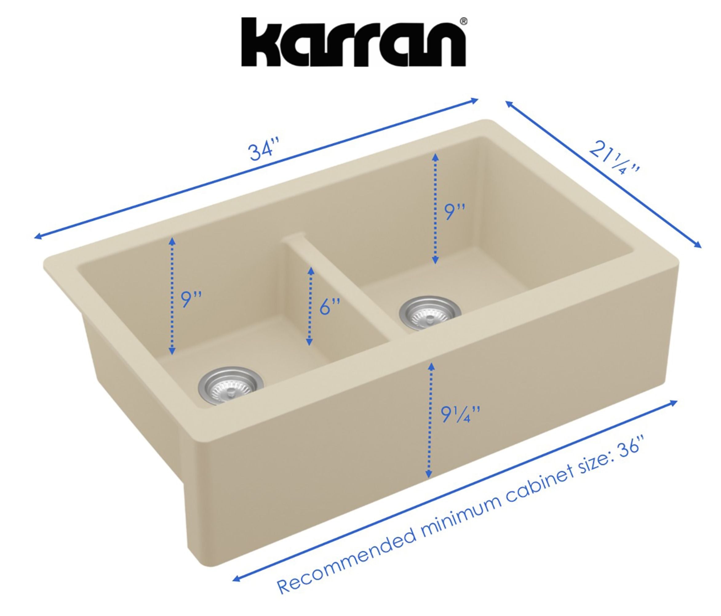 Karran 34" Quartz Composite Farmhouse Sink, 50/50 Double Bowl, Bisque, QA-750-BI-PK1