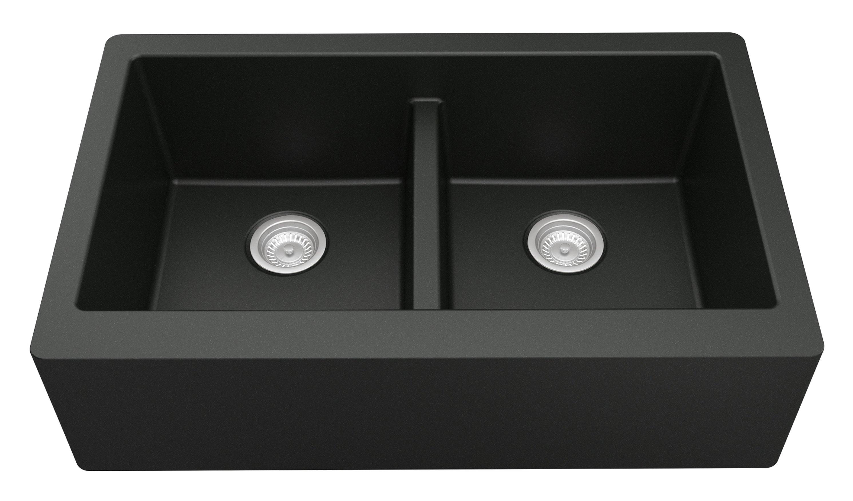 Karran 34" Quartz Composite Farmhouse Sink, 50/50 Double Bowl, Black, QA-750-BL