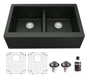 Alternate Image for Karran 34" Quartz Composite Farmhouse Sink, 50/50 Double Bowl, Black, QA-750-BL-PK1
